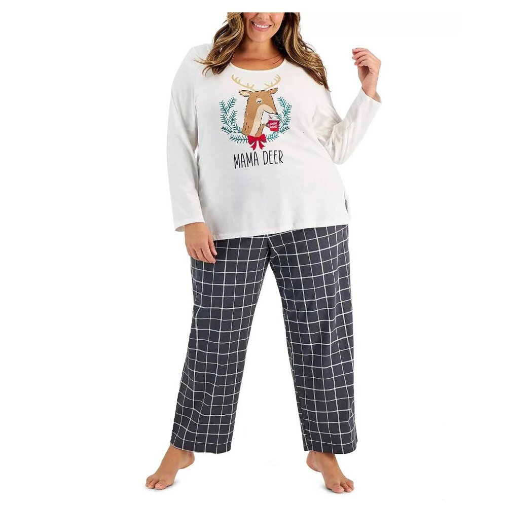 Family Pajamas Women's Plus Size 2-Piece PJ Set, White Gray Multi Mama Deer, 1X